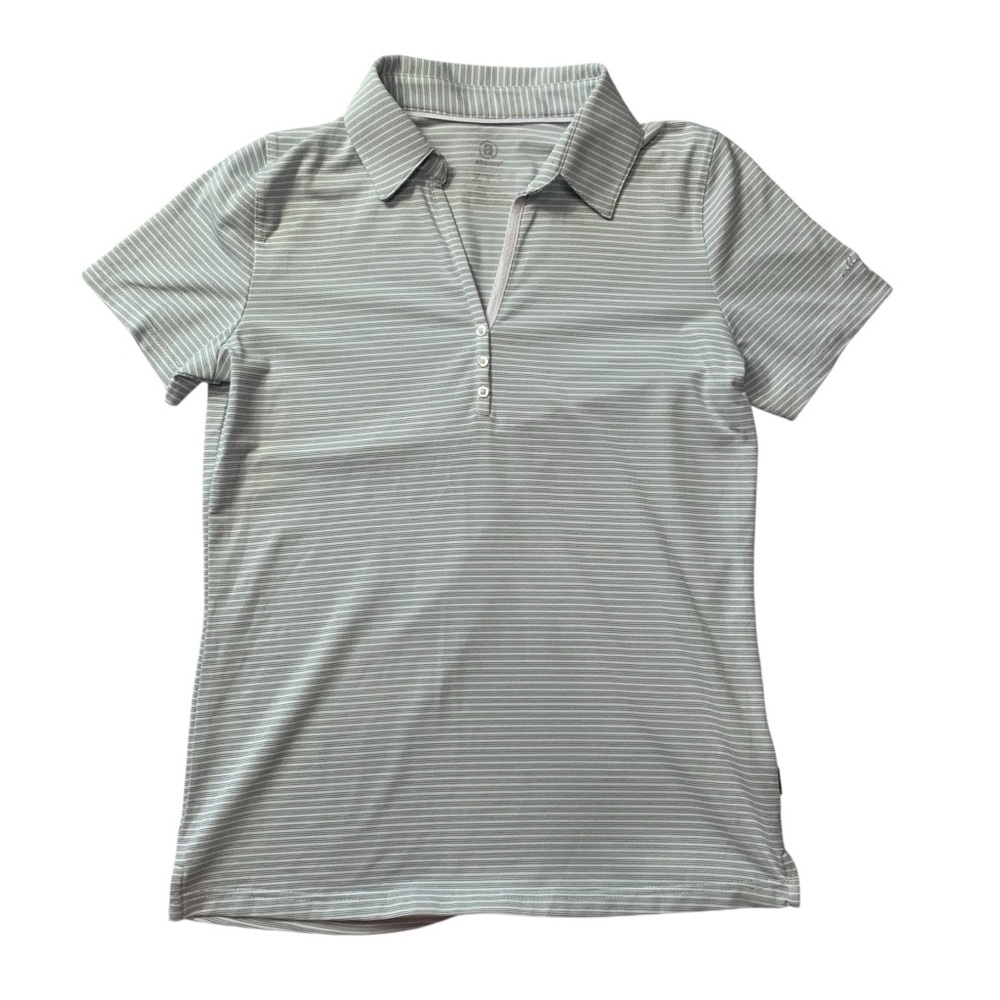 Abacus "Count On It" Blue White Gray Striped Fitted Polo Shirt Women’s Medium